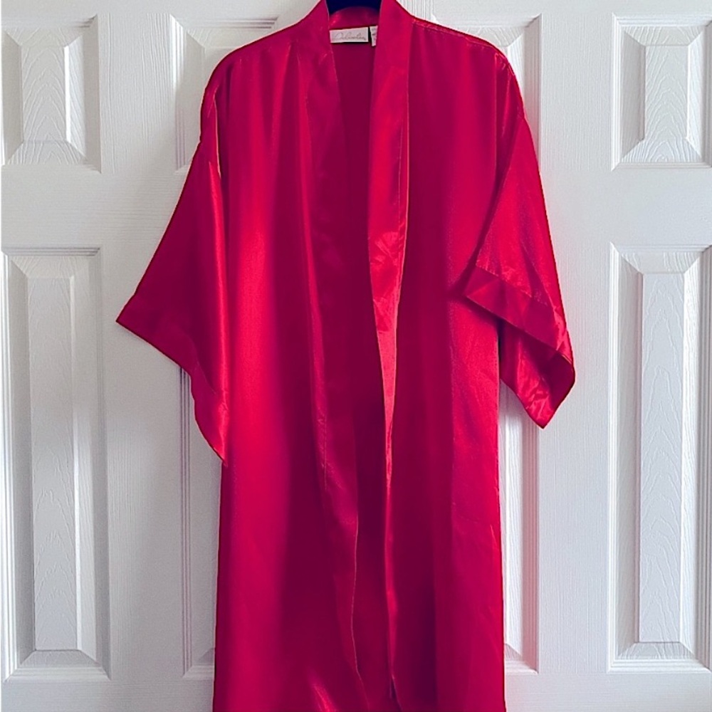 DELICATES SATIN EFFECT KIMONO SLEEVE ROBE with TIE VINTAGE LINGERIE Red M